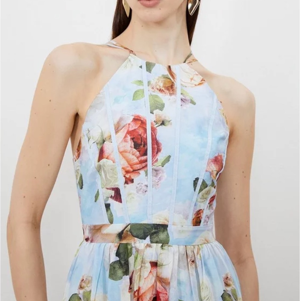 Silk Cotton Rose Print Halter Woven Maxi